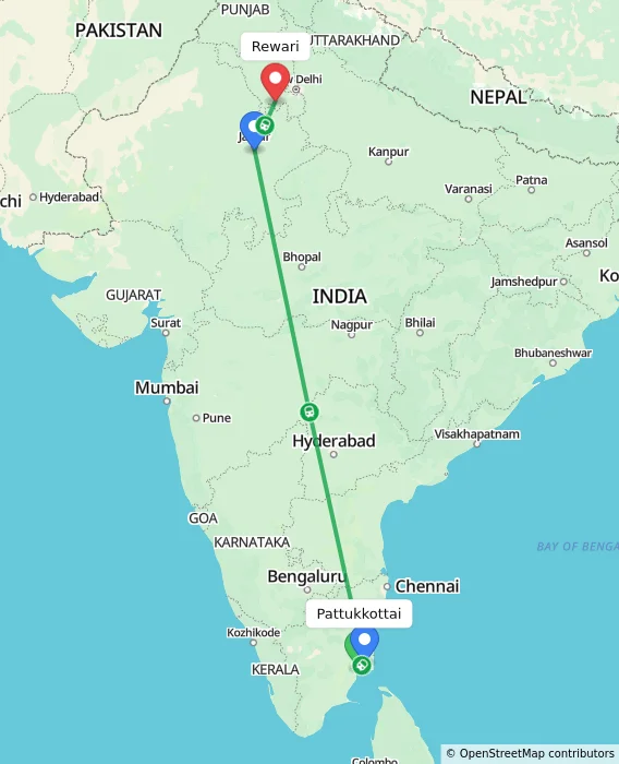 Route map showing distance and travel time from Pattukkottai, India to Rewari, India
