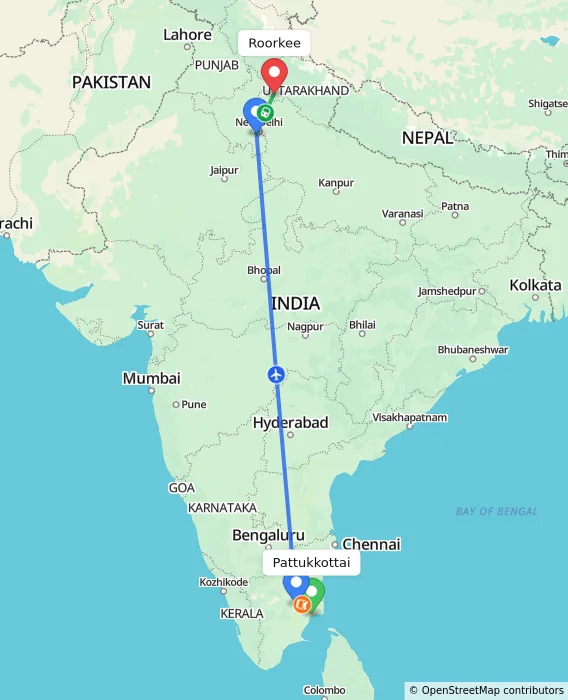 Route map showing distance and travel time from Pattukkottai, India to Roorkee, India