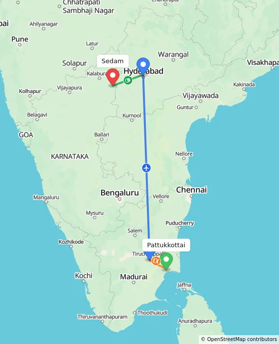 Route map showing distance and travel time from Pattukkottai, India to Sedam, India
