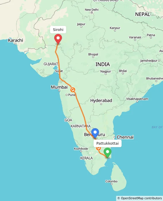 Route map showing distance and travel time from Pattukkottai, India to Sirohi, India