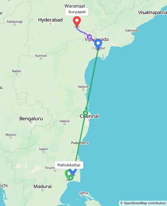 Route map showing distance and travel time from Pattukkottai, India to Suryapet, India