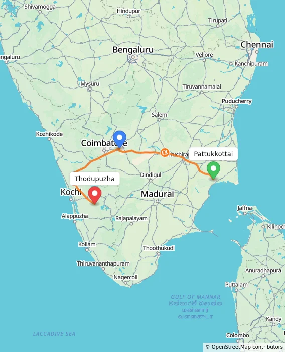 Route map showing distance and travel time from Pattukkottai, India to Thodupuzha, India