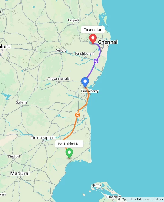 Route map showing distance and travel time from Pattukkottai, India to Tiruvallur, India
