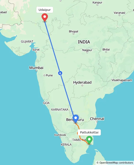 Route map showing distance and travel time from Pattukkottai, India to Udaipur, India