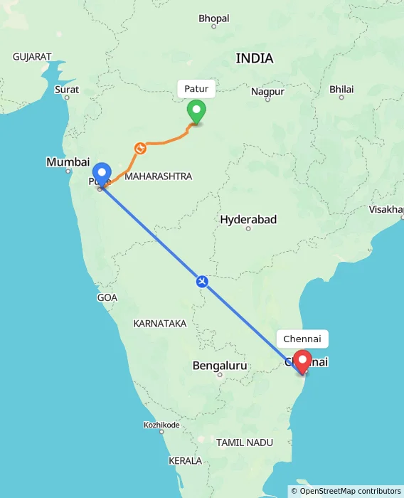 Route map showing distance and travel time from Patur, India to Chennai, India