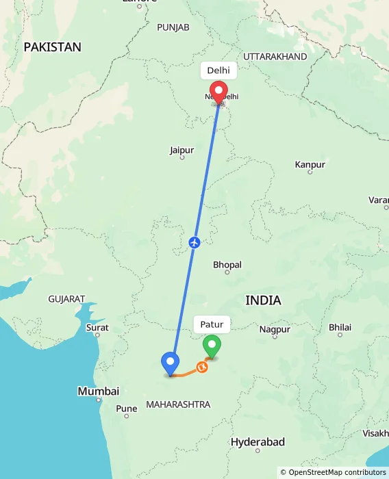 Route map showing distance and travel time from Patur, India to Delhi, India