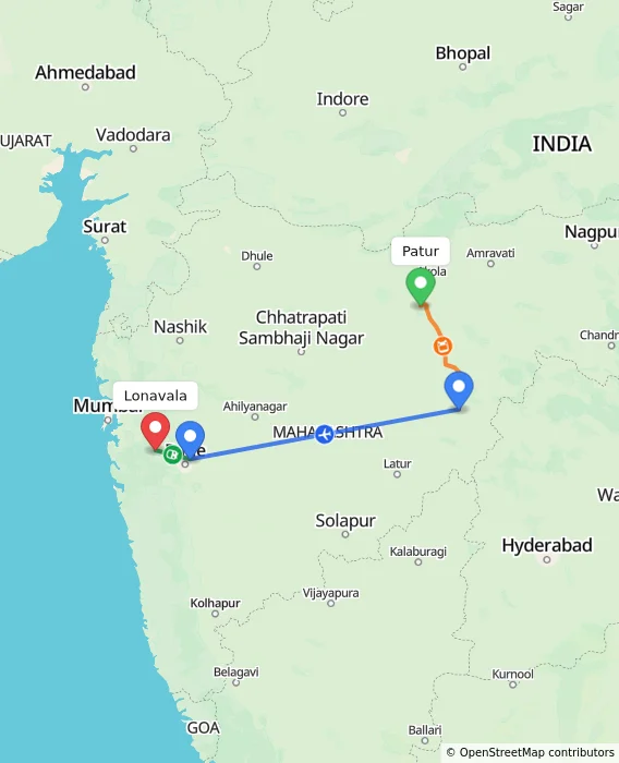 Route map showing distance and travel time from Patur, India to Lonavala, India