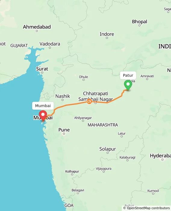 Route map showing distance and travel time from Patur, India to Mumbai, India