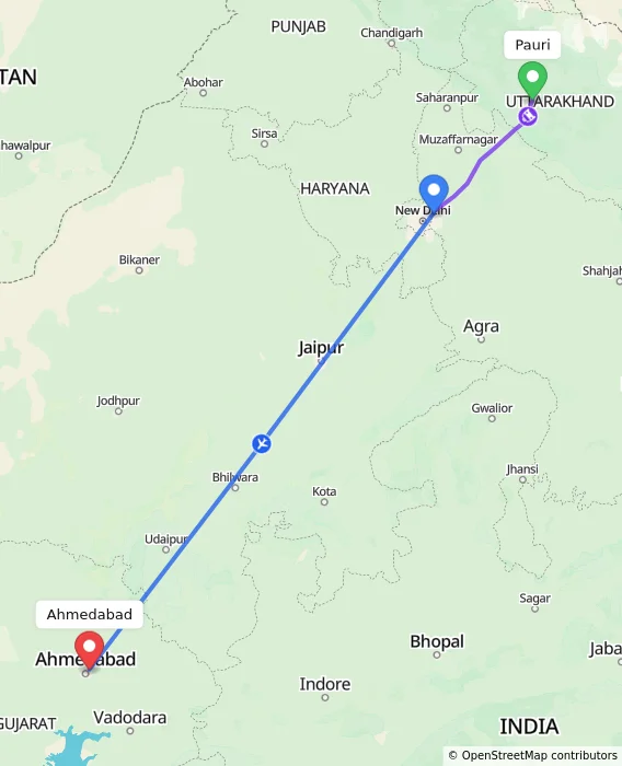Route map showing distance and travel time from Pauri, India to Ahmedabad, India