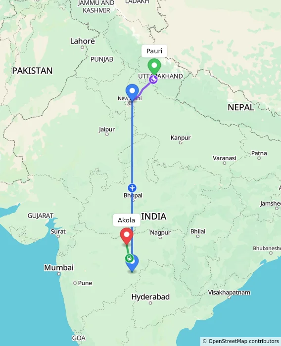 Route map showing distance and travel time from Pauri, India to Akola, India