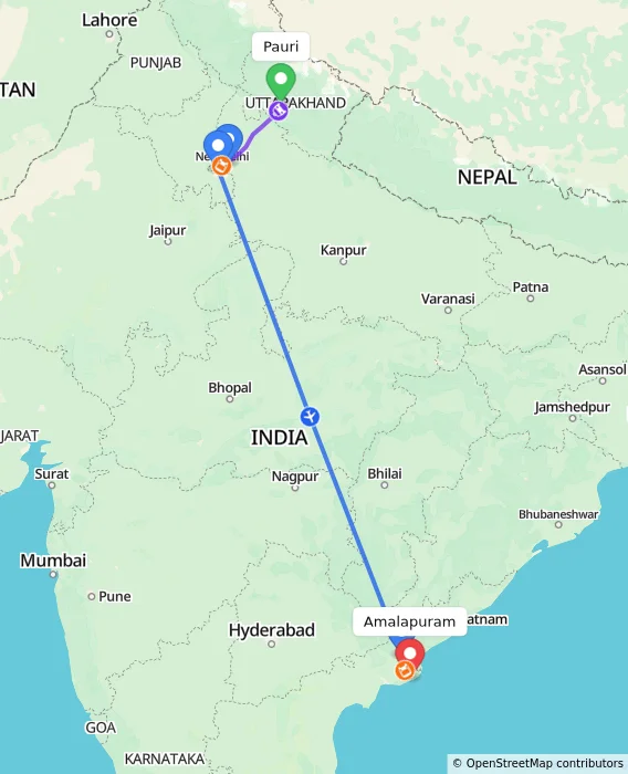 Route map showing distance and travel time from Pauri, India to Amalapuram, India