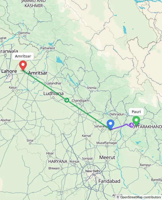 Route map showing distance and travel time from Pauri, India to Amritsar, India