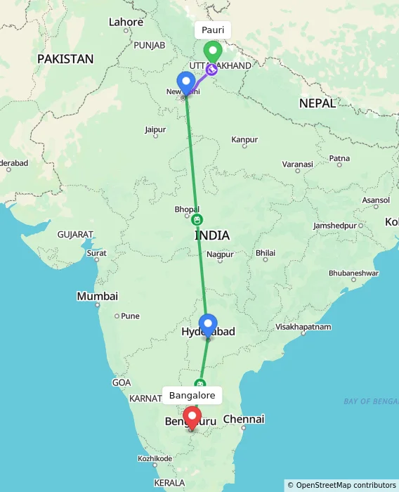 Route map showing distance and travel time from Pauri, India to Bangalore, India