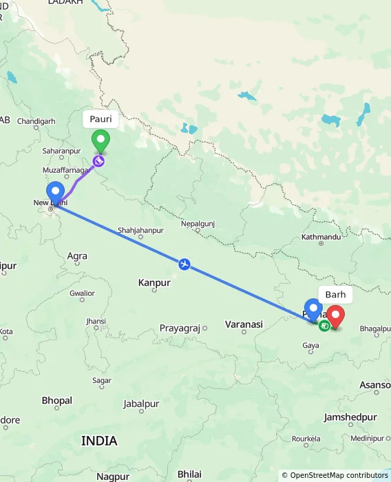 Route map showing distance and travel time from Pauri, India to Barh, India
