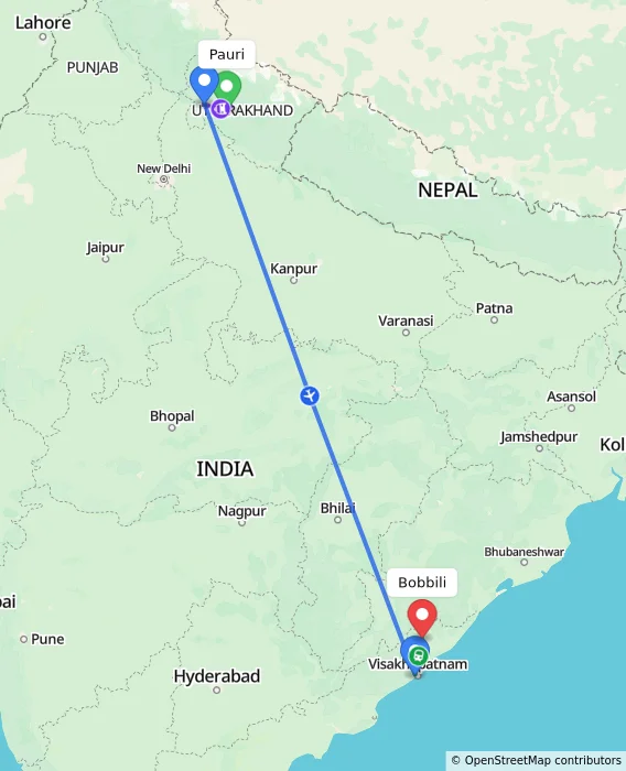 Route map showing distance and travel time from Pauri, India to Bobbili, India