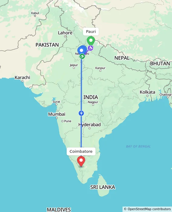 Route map showing distance and travel time from Pauri, India to Coimbatore, India