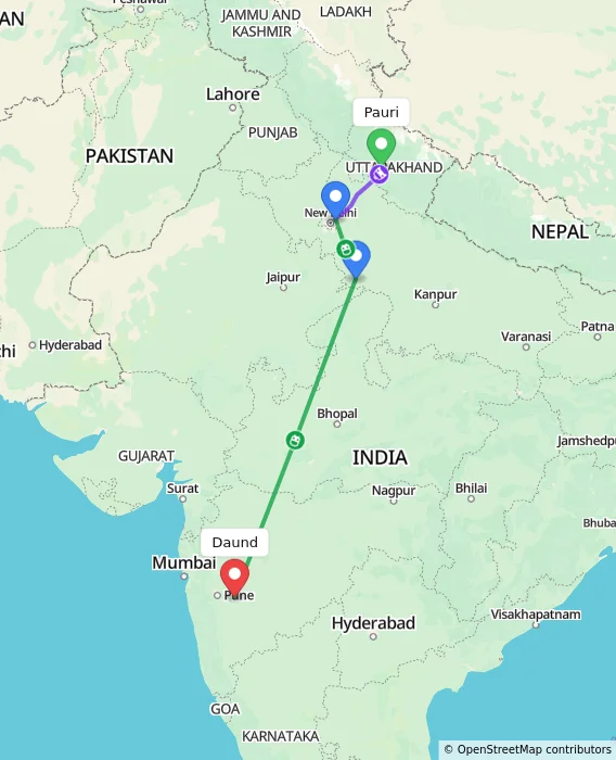 Route map showing distance and travel time from Pauri, India to Daund, India