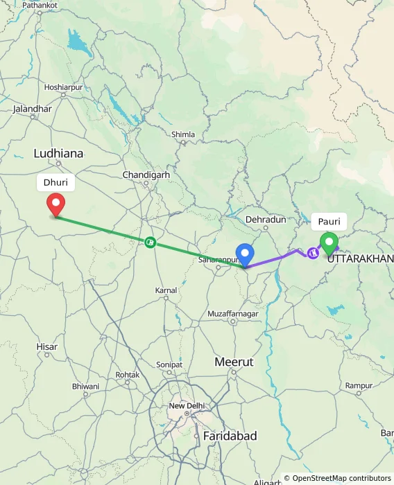Route map showing distance and travel time from Pauri, India to Dhuri, India