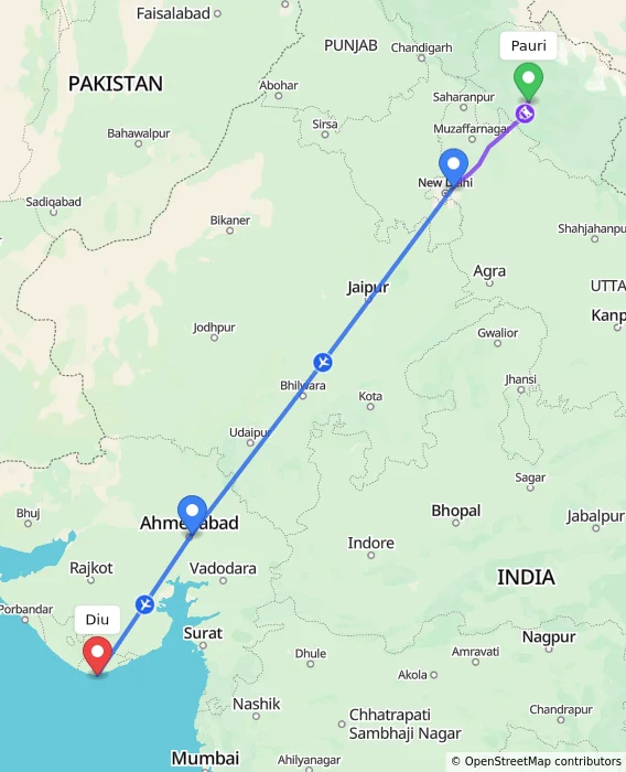 Route map showing distance and travel time from Pauri, India to Diu, India