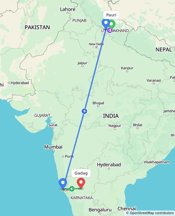 Route map showing distance and travel time from Pauri, India to Gadag, India