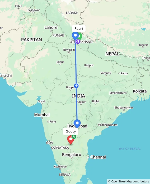 Route map showing distance and travel time from Pauri, India to Gooty, India