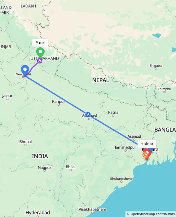 Route map showing distance and travel time from Pauri, India to Haldia, India