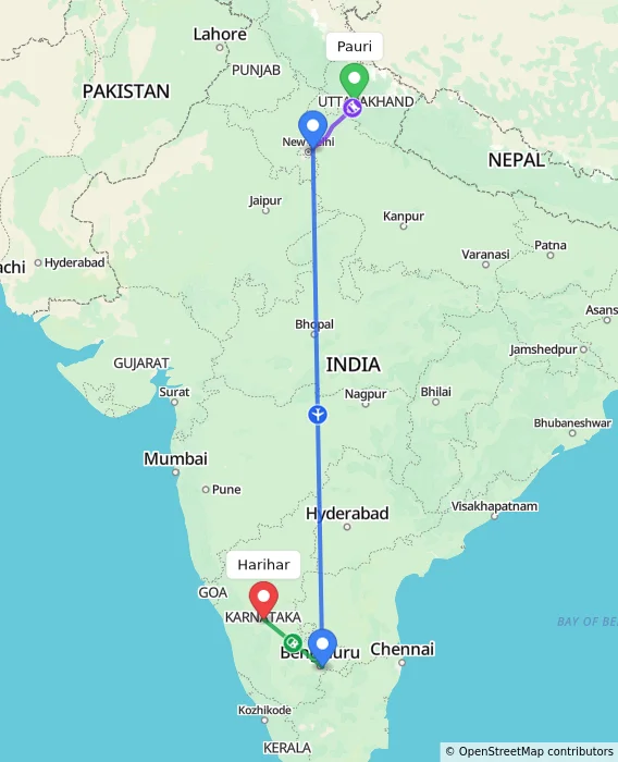 Route map showing distance and travel time from Pauri, India to Harihar, India