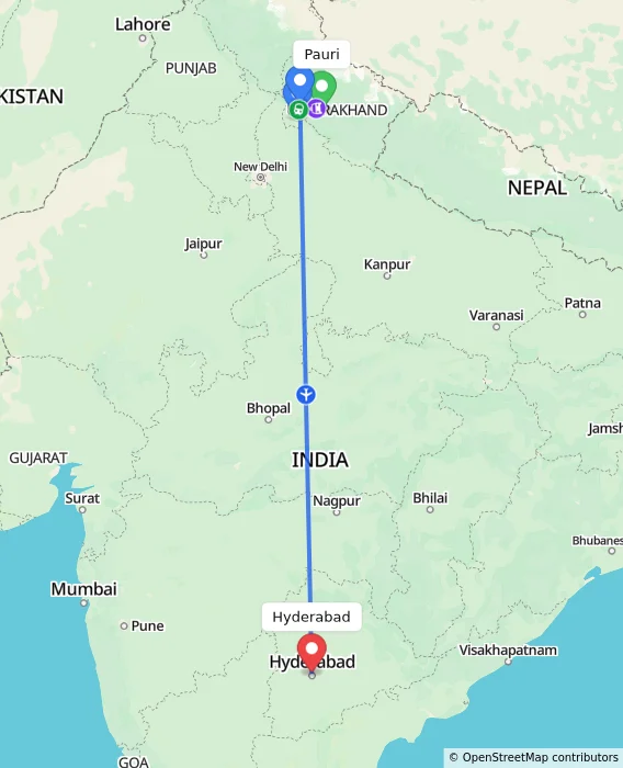 Route map showing distance and travel time from Pauri, India to Hyderabad, India