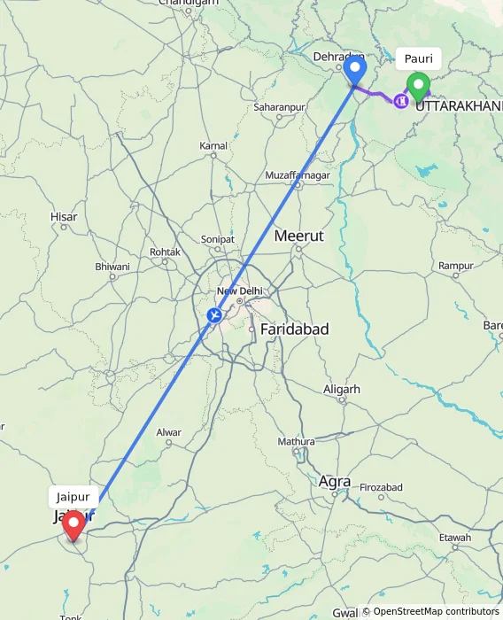 Route map showing distance and travel time from Pauri, India to Jaipur, India