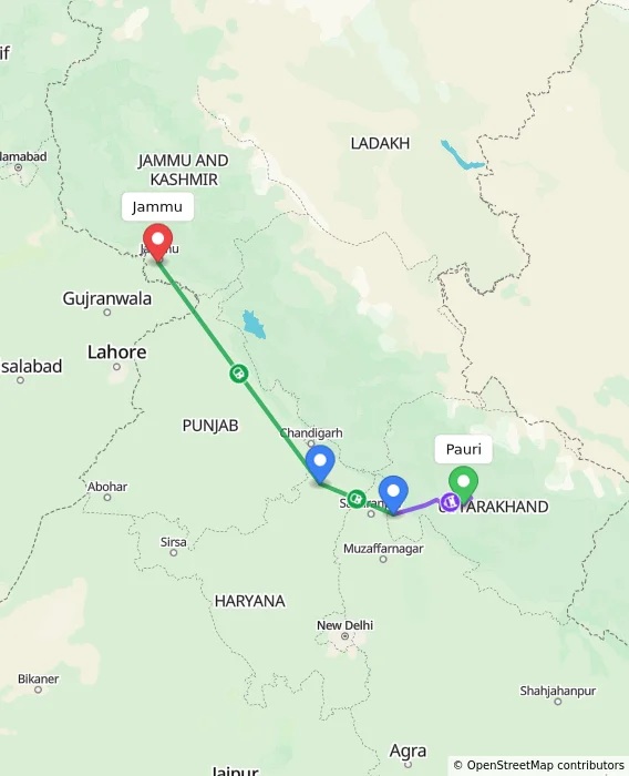 Route map showing distance and travel time from Pauri, India to Jammu, India