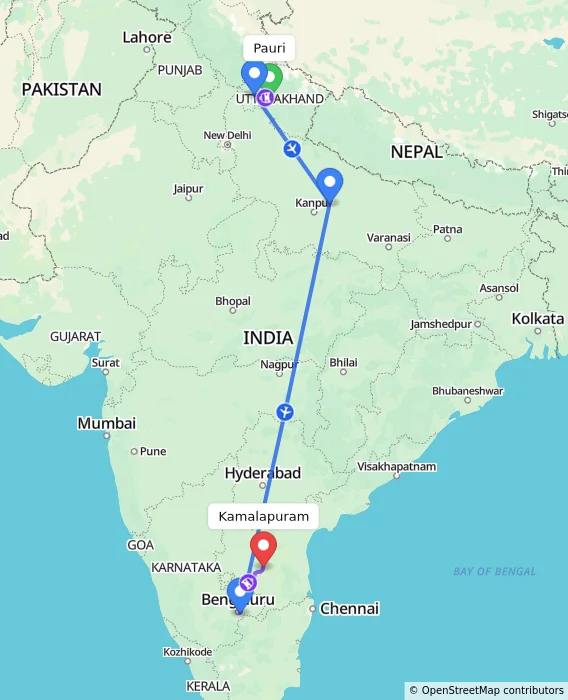 Route map showing distance and travel time from Pauri, India to Kamalapuram, India