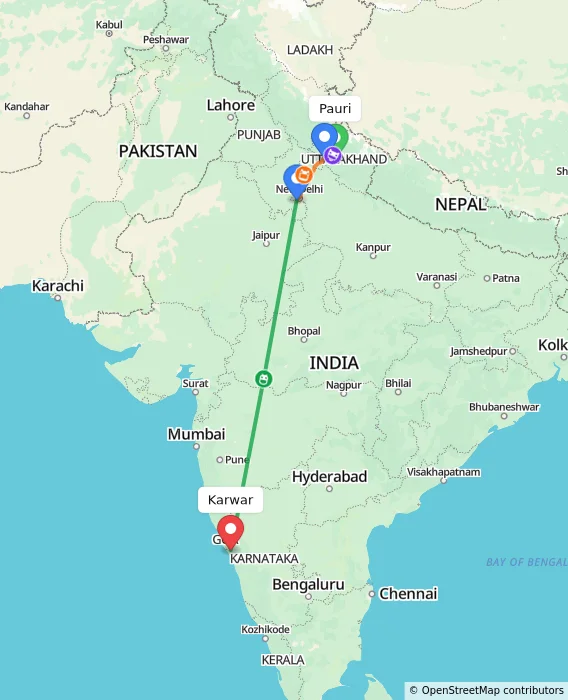 Route map showing distance and travel time from Pauri, India to Karwar, India