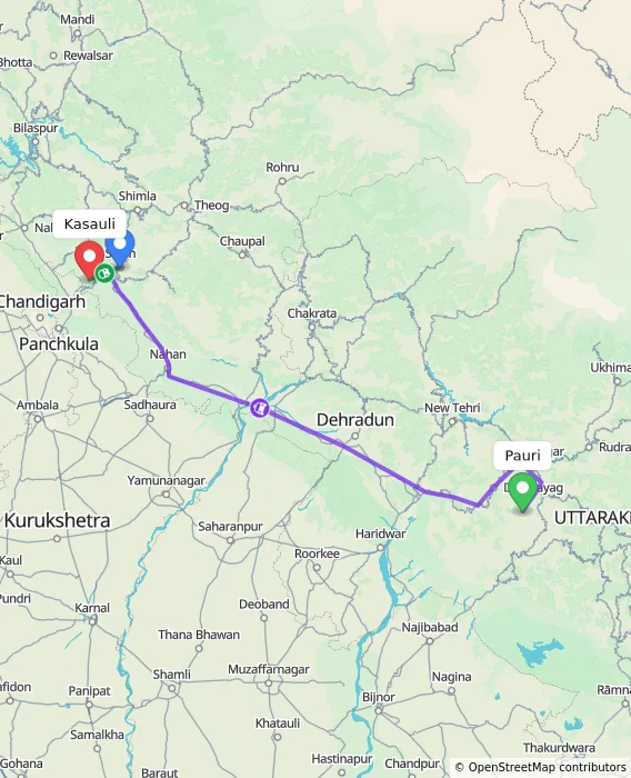 Route map showing distance and travel time from Pauri, India to Kasauli, India