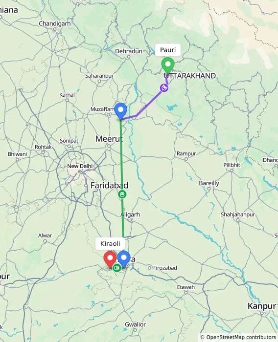 Route map showing distance and travel time from Pauri, India to Kiraoli, India