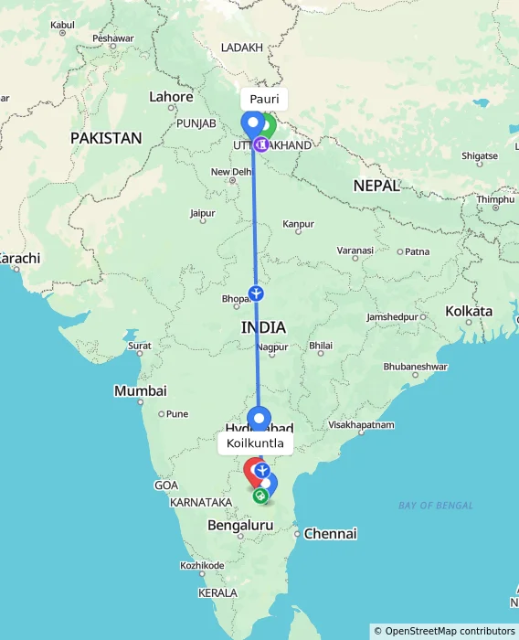 Route map showing distance and travel time from Pauri, India to Koilkuntla, India
