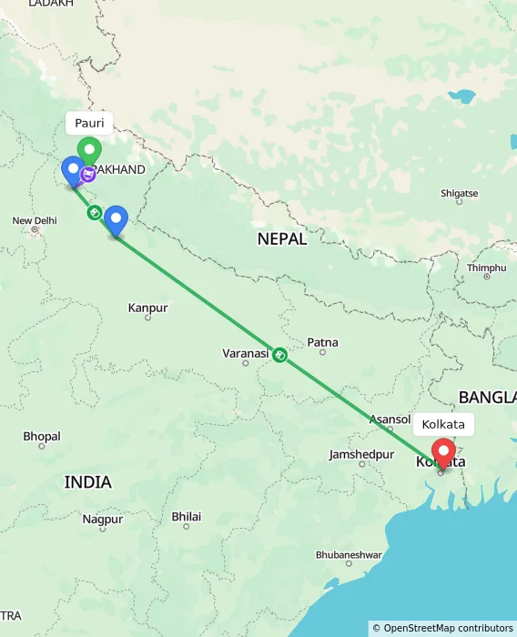 Route map showing distance and travel time from Pauri, India to Kolkata, India
