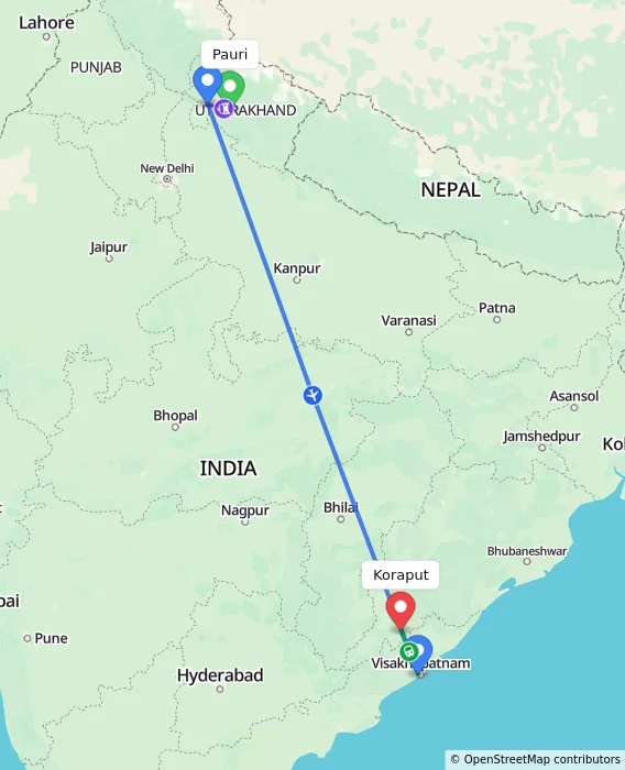 Route map showing distance and travel time from Pauri, India to Koraput, India