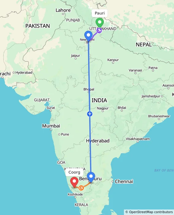 Route map showing distance and travel time from Pauri, India to Madikeri, India