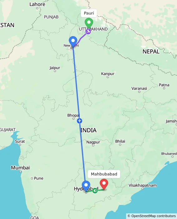 Route map showing distance and travel time from Pauri, India to Mahbubabad, India