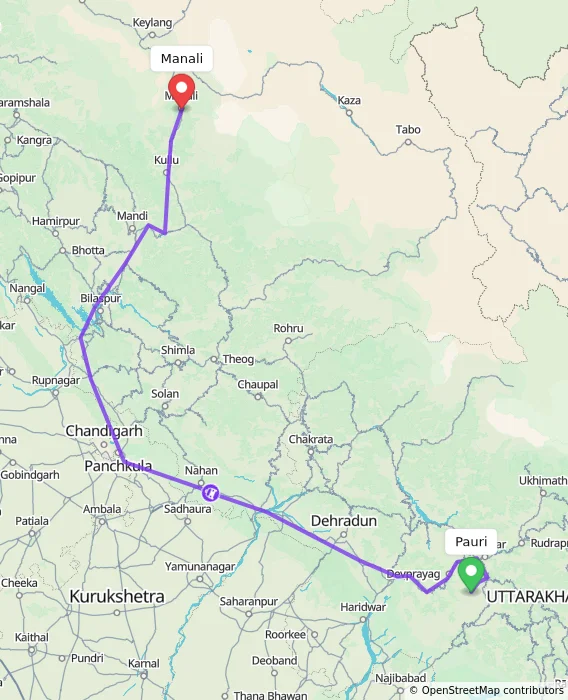Route map showing distance and travel time from Pauri, India to Manali, India