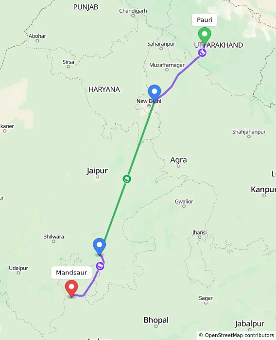Route map showing distance and travel time from Pauri, India to Mandsaur, India