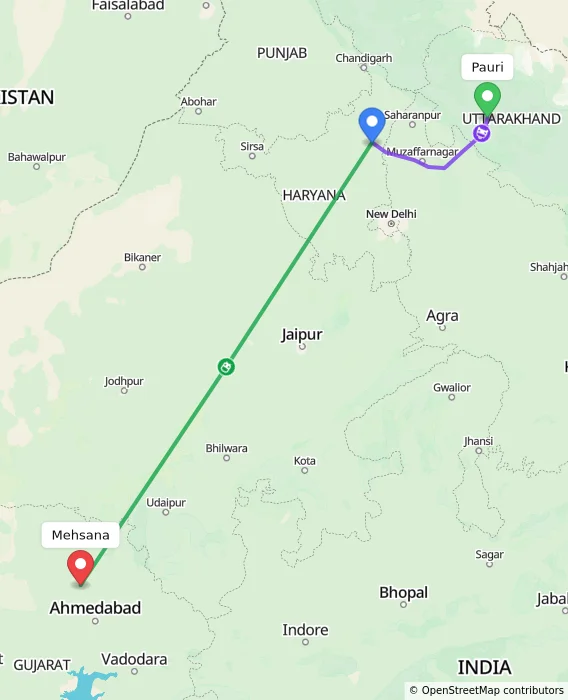 Route map showing distance and travel time from Pauri, India to Mehsana, India