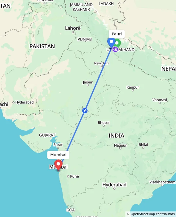 Route map showing distance and travel time from Pauri, India to Mumbai, India