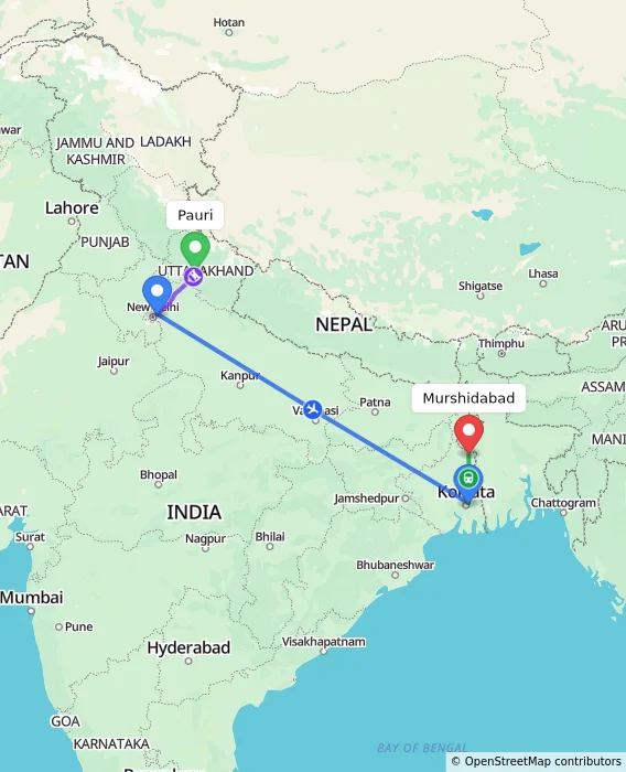 Route map showing distance and travel time from Pauri, India to Murshidabad, India