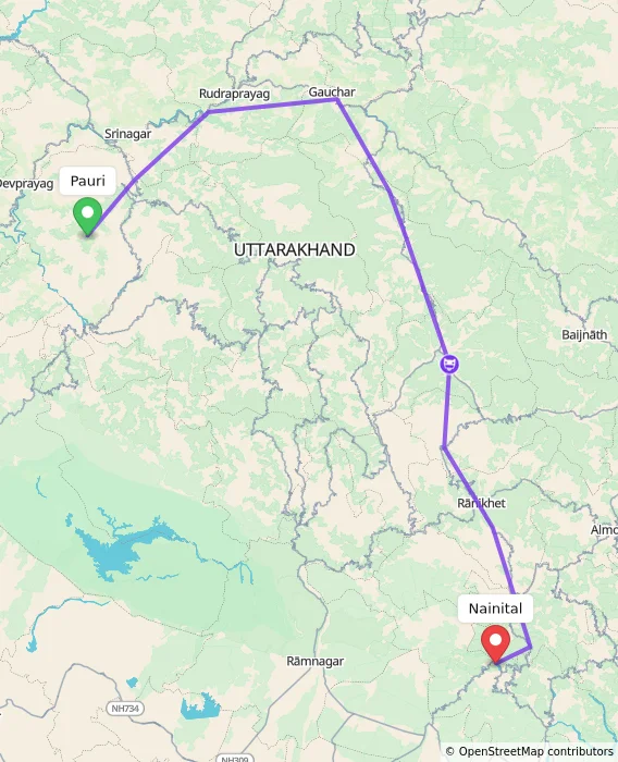 Route map showing distance and travel time from Pauri, India to Nainital, India