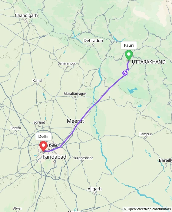 Route map showing distance and travel time from Pauri, India to Delhi, India
