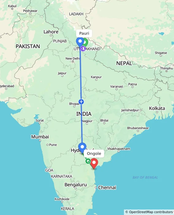 Route map showing distance and travel time from Pauri, India to Ongole, India