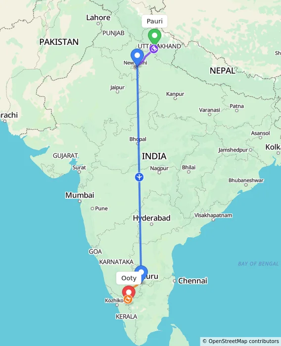 Route map showing distance and travel time from Pauri, India to Ooty, India