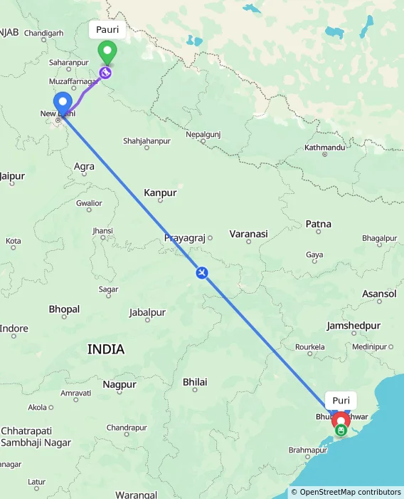 Route map showing distance and travel time from Pauri, India to Puri, India