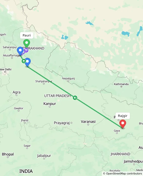 Route map showing distance and travel time from Pauri, India to Rajgir, India